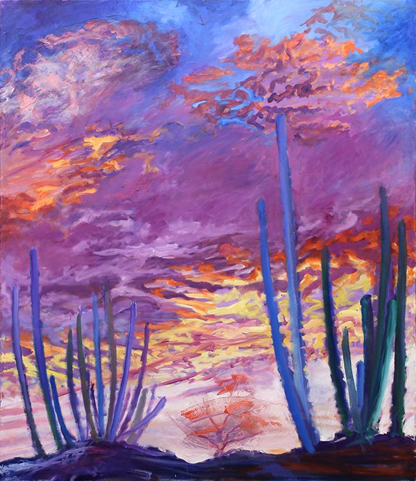 Painting, Desert Sunset: Desert Sunset Landscape, oil on canvas, 20th century, unsigned, overall (unframed): 65"h x 55.5"w x 2"d