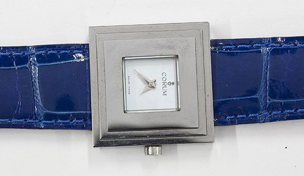 Corum wristwatch mother of pearl dial stainless steel: Lady's Corum wristwatch stainless steel square step case, mother-of-pearl dial and blue leather strap. 101.251.90. 631013