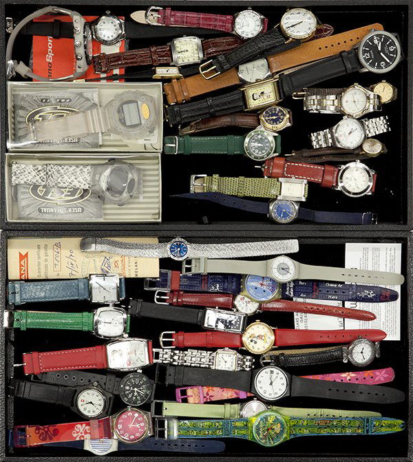 Collection of wristwatches: Collection of lady's and gentleman's wristwatches Approximately thirty nine by various makers including Pulsar, Swatch, Swiss Army, Fossil, Technomarine, Silvana, Citizen quartz and more; One Seiko Hi