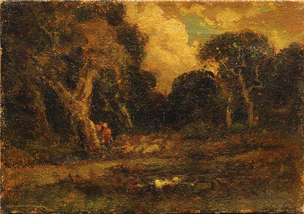 Painting, Manuel Valencia, Forest Scene: Manuel Valencia (American, 1856-1935), Forest Scene with Figures, oil on canvas, signed lower right, canvas (unframed): 10"h x 14"w.