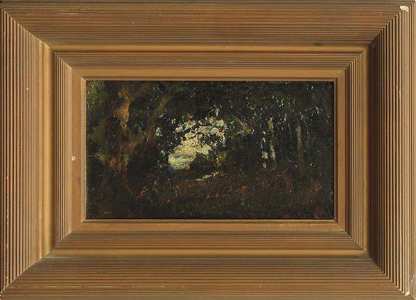 Painting, William Keith, Berkeley Woods: William Keith (American, 1838-1911), Berkeley Woods, oil on panel, signed lower right, inscribed and stamped verso, panel: 4.75"h x 8"w, overall (with frame): 9.25"h x 12.5"w. Provenance: From the col