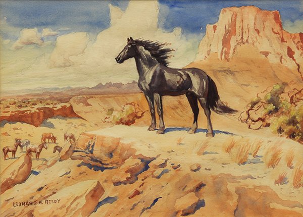 Watercolors by Leonard Howard Reedy: (lot of 2) Leonard Howard Reedy (American, 1899-1956), Black Stallion & Cowboy on the Lookout, watercolors on paper, each signed lower left, sights: 8"h x 10.5"w, overalls (with frames): 13.25"h x 16.