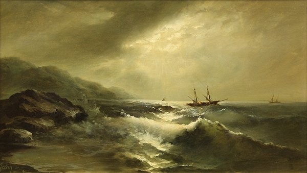 Painting, Eugene Garin, Stormy Seas: Eugene Garin (Russian, 1922-1996), Stormy Seas, oil on board, signed lower left, board: 20.5"h x 35.75"w, overall (with frame): 24.75"h x 40"w