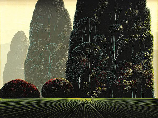 Painting, Eyvind Earle, California Landscape,1976: Eyvind Earle (American, 1916), "California Landscape," 1976, oil on board, signed and dated lower right, board: 12''h x 16''w, overall (with frame): 26''h x 30.25''w