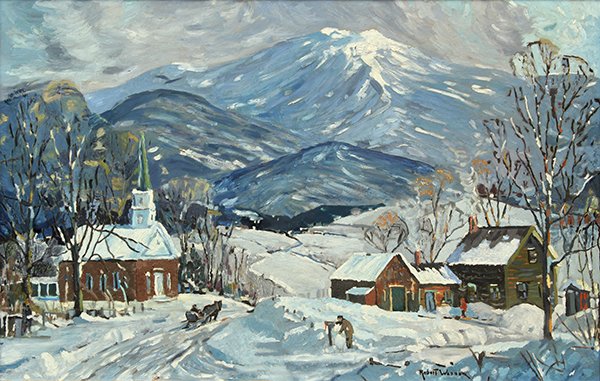 Painting, Robert Shaw Wesson, New England Winter Scene,: Robert Shaw Wesson (American, 1902-1967), New England Winter Scene, oil on board, signed lower right, sight: 17.5"h x 27.5"w, overall (with frame): 21.5"h x 31.5"w