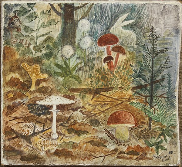 Painting, Lucienne Bloch, Mushrooms in the Woods, 1988: Lucienne Bloch (American, 1909-1999), Mushrooms in the Woods, 1988, oil on plaster, signed and dated lower right, sight: 14.25"h x 16.25"w, overall (with): 17"h x 19.5"w