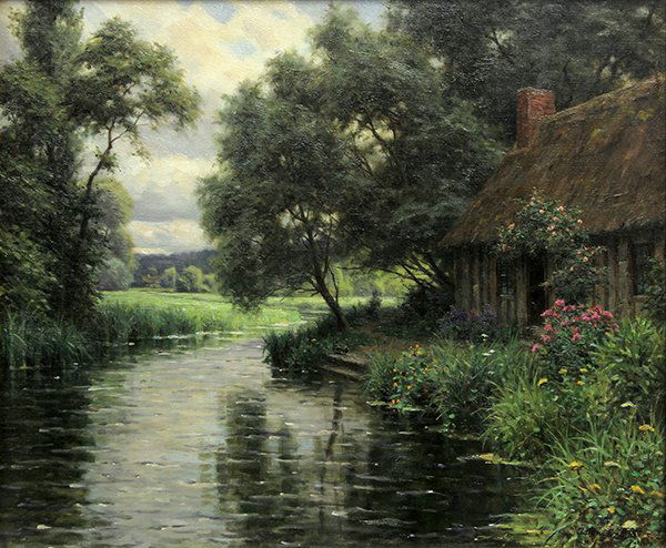 Painting, Louis Aston Knight, The Willow Cottage,: Louis Aston Knight (American, 1873-1948), "The Willow Cottage, Normandy," oil on canvas, signed lower right, title label affixed verso, sight: 17.5"h x 21.5"w, overall (with frame): 25.5"h x 29.5"w