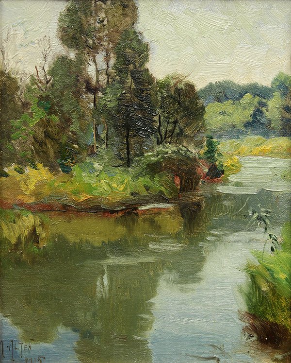 Painting, Mathias Joseph Alten, Pond Reflections, 1915: Mathias Joseph Alten (American, 1871-1938), Pond Reflections, 1915, oil on canvas board, signed and dated lower left, board: 10"h x 8"w, overall (with frame): 13.5"h x 11.5"w