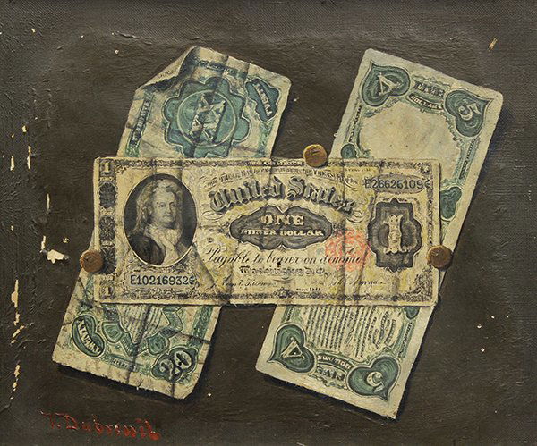 Painting, Victor Dubreuil, Twenty Six Dollars: Victor Dubreuil (French, 1886-1900), Twenty Six Dollars, oil on canvas, signed lower left, sight: 9.75"h x 11.5"w, overall (with frame): 12.75"h x 14.75"w