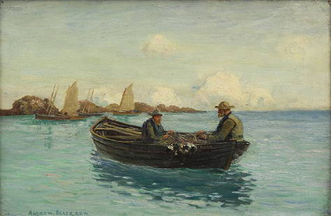 Painting, Andrew Black, Mending the Nets, Ayrshire: Andrew Black (Scottish, 1850-1916), "Mending the Nets, Ayrshire Coast," oil on canvas, signed lower left, titled verso, canvas: 12"h x 18"w, overall (with frame): 19.5"h x 25.5"w