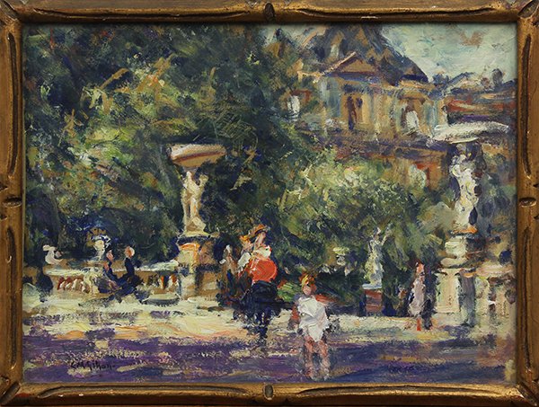Painting by Clarence Montford Gibon: Clarence Montford Gibon (French/American, 1871-1929), "Au Jandin du Luxembourg, Paris, 1923," oil on panel, signed lower left, title inscribed verso, sight: 9.25 x 12.75"w, overall (with frame): 10.5"