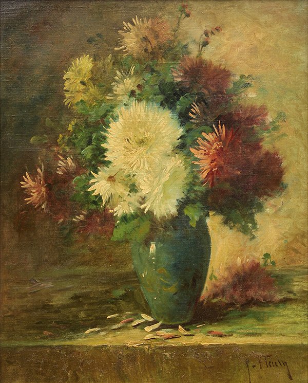 19th c. Painting, Still life with Flowers: Continental School (19th century), Still life with Flowers, oil on canvas, signed "F. Fleury" lower right, sight: 20.5''h x 17.5''w, overall (with frame): 30.75''h x 27.75''w