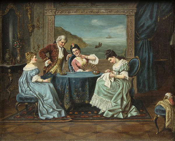 Painting, Frederick Stifter: Frederick Stifter (Continental School, 19th century), Parlor Scene, oil on board, signed lower right, board: 10.25"h x 12.5"w, overall (with frame): 18.625"h x 20.625"w