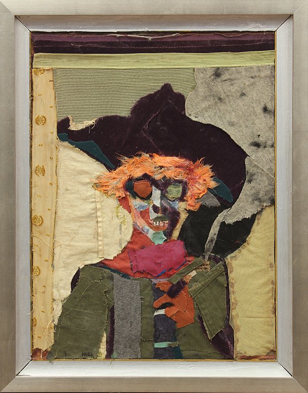 Mixed media, Mel Hanson: Mel Hanson (American, 1938-1962), ''Self Portrait with Frankie Dewey's Red Wig,'' 1961, mixed media, signed lower left, signed, titled and dated verso, sight: 17.75''h x 13''w, overall (with frame): 2
