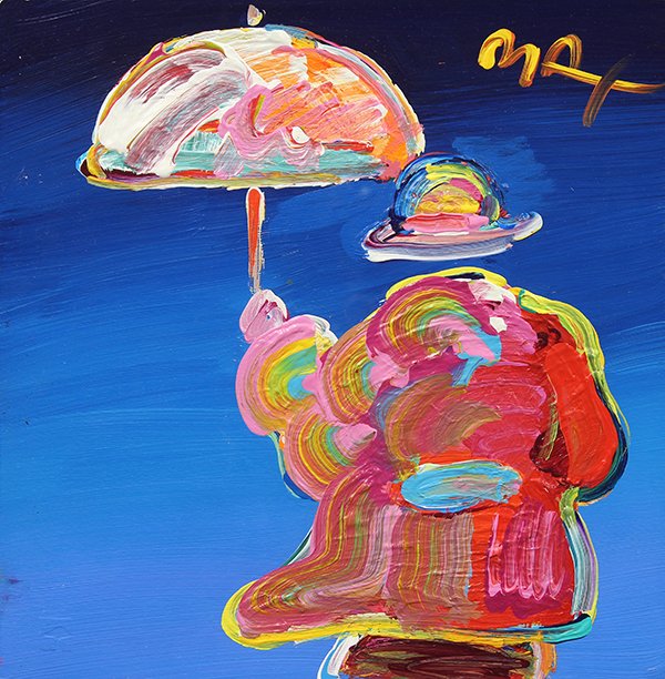 Work on paper, Peter Max: Peter Max (American/German, b. 1937), ''Retro II: Umbrella Man #74,'' acrylic on paper, signed upper right, gallery title label affixed verso, sight: 11''h x 11''w, overall (with frame): 24''h x 23.5'
