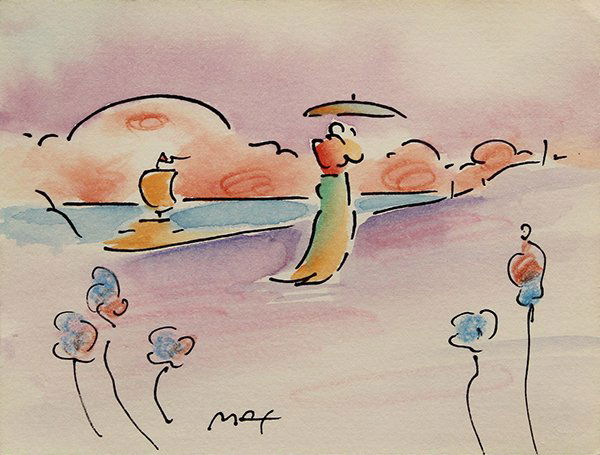 Watercolor, Peter Max: Peter Max (American/German, b. 1937), Figure with Umbrella Walking Along the Shore, watercolor and ink on paper, sighed lower left, sight: 4.75''h x 6''w, overall (with frame): 15.5''h x 17.5''w
