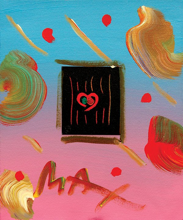 Mixed media, Peter Max: Peter Max (American/German, b.1937), ''Heart Suite: Heart III #24,'' mixed media serigraph with hand embellishment in acrylic, signed lower center, gallery title label affixed verso, sight: 9''h x 7.5