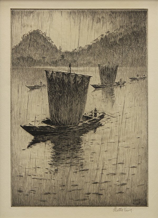 Print, Martin Lewis: Martin Lewis (American, 1881-1962), "Fishing Boats in the Rain," 1925, drypoint etching, plate signed and in pencil lower right, edition of 41, sight: 11''h x 8''w, overall (with frame): 24.5''h x 19.