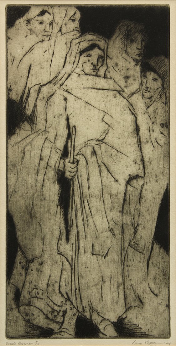 Print, Gene Kloss, Pueblo Governor: Gene Kloss (American, 1903-1996), "Pueblo Governor," etching, pencil signed lower right, edition 13/25, sight: 15"h x 17.25"w, overall (with frame): 23"h x 15"w