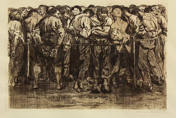Print, Kathe Kollwitz, The Prisoners: Kathe Kollwitz (German, 1867-1945), "The Prisoners, Plate 7 from the Bravernkneg Series," 1921, etching, pencil signed lower right, image: 13"h x 16.5"w, overall (with frame): 20"h x 23.25"w