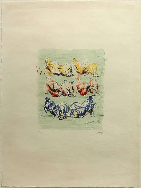 Print, Henry Moore, Six Figures on a Green Ground: Henry Moore (British, 1898-1986), "Six Figures on a Green Ground", 1966, color lithograph on Japon nacre, pencil signed lower right and dated, edition 5/50, printed by J. E. Wolfensberger, Zurich, ima
