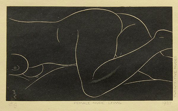 Print, Eric Gill, Female Nude Lying: Eric Gill (British, 1882-1940), Female Nude Lying, 1937, from Twenty-Five Nudes series, woodblock print, initialed in pencil lower left, sheet: 9"h x 12"w, overall (with frame): 10"h x 13"w