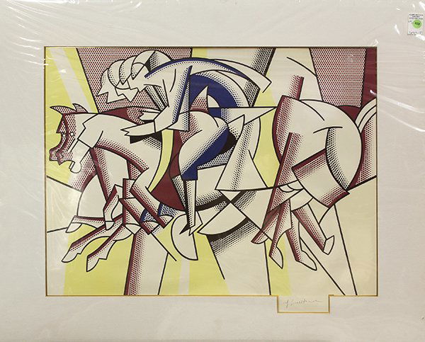 Print, Roy Lichtenstein: Roy Lichtenstein (American, 1923-1997), "The Red Horse Man," 1984, color lithograph, for the 1984 Olympic Games, signed lower right, sight: 21"h x 28"w, overall (mat frame): 31.5"h x 38.5"w