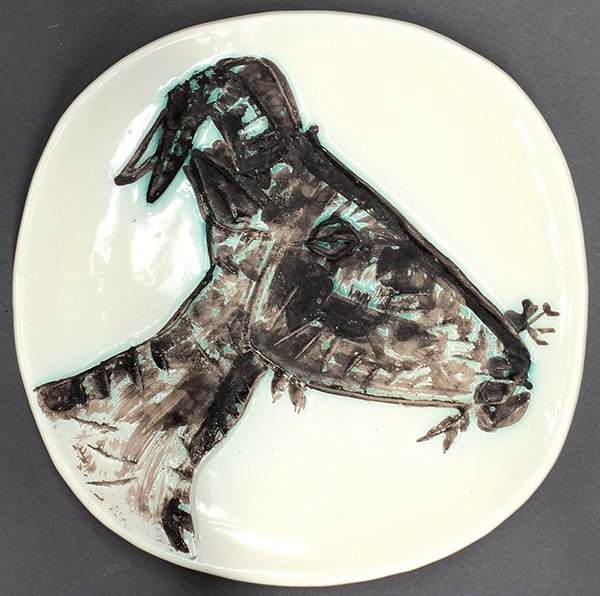 Ceramic Plate, Pablo Picasso: Pablo Picasso (Spanish, 1881-1973), Tête de chèvre de profil, terre de faïence plate (ceramic plate), 1950, from the edition of 60, with the Madoura Plein Feu and Empreinte Originale de Picasso sta