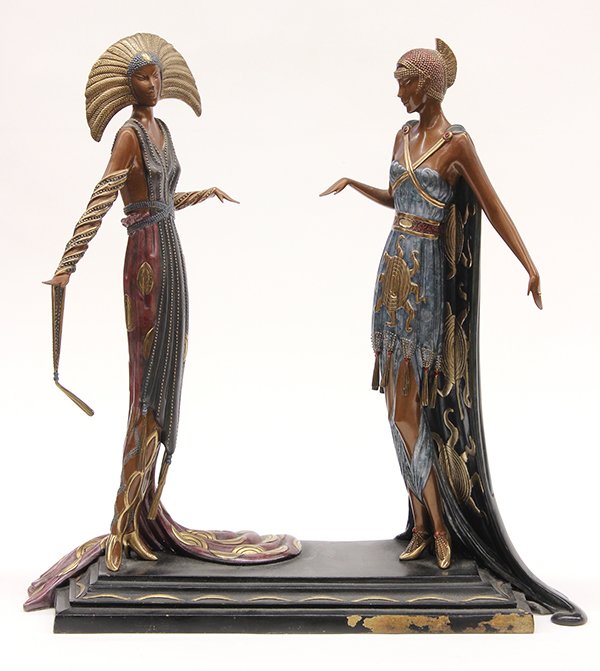 Bronze sculpture, Erte, "Two Vamps," 1990: Erte (Romain de Tirtoff) (French/Russian, 1892-1990), "Two Vamps," 1990, polychrome bronze sculpture, incised signature at upper base, from an edition of 500, foundry stamped Seven Arts LTD., overall: