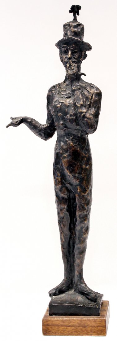 Bronze Sculpture, Arbit Blatas, Mime: Arbit Blatas (Lithuanian, 1908-1999), Mime, bronze sculpture atop wooden base, signed atop base, initialed indistinclty verso, overall (with base): 22"h x 7"w x 4.5"d