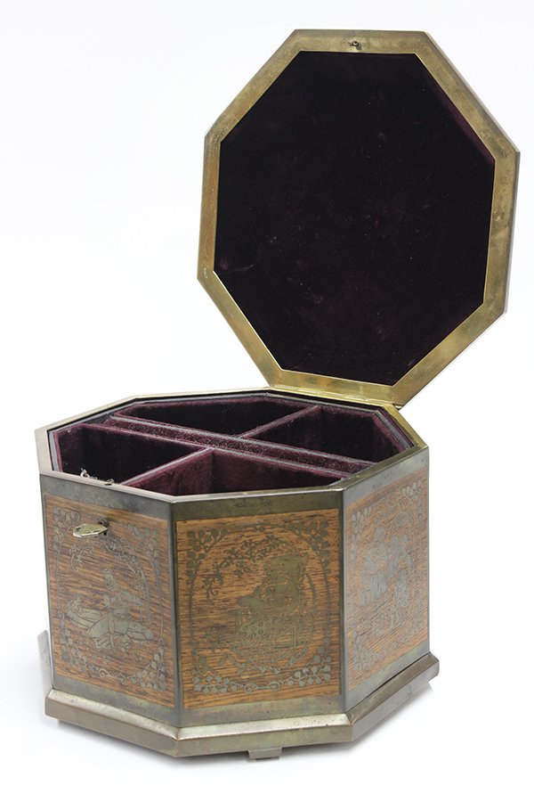 English Victorian brass inlaid sewing box: English Victorian brass inlaid sewing box, having an octagonal top opening to the velvet lined fitted interior, the conforming base with gilt decorated reserves of figures in a naturalistic setting, a