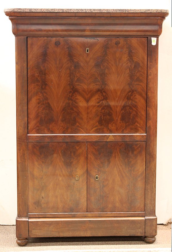 Mahogany Empire secretary,: Biedermeier style flame mahogany secretarie a abbatant, circa 1860, second half 19th century, having a granite top above the fall front opening to the fitted interior, and rising on turned legs, 57"h 