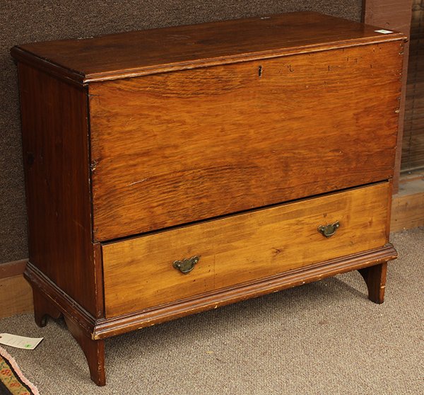 Chippendale style blanket chest: Chippendale style blanket chest, 19th century, the hinged top opening to the covered candlebox surmounting the single drawer, and rising on shaped feet, 32.5"h x 39"w x 17.5"d