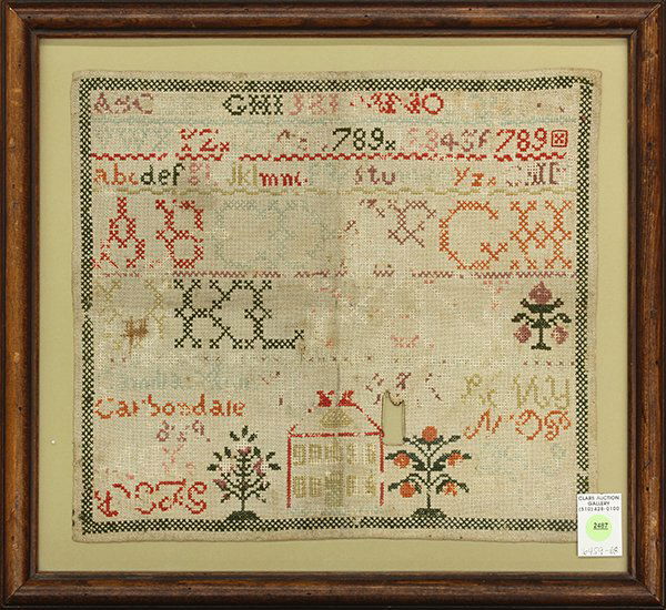 (lot of 3) Victorian framed needlework samplers: (lot of 3) Victorian framed needlework samplers, one executed by Frances Goddar, another by Mary Woodward, the last signed illegibly: "Camilla Carbondale", each with alphabet work, one with a scenic d