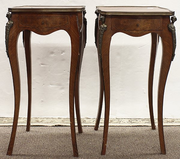 Pair of Louis XVI style occasional tables: Pair of Louis XVI style occasional tables, circa 1885, each having a burlwood top with string inlay surmounting the single drawer case having figural bronze mounts, and rising on cabriole legs, 29"h x