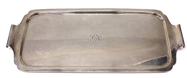 International sterling silver tray, 54.55 troy oz.: International sterling silver tray, the rectangular form set with scroll handles, and bears central script RSR monogram 21.25"l x 9"w, 54.55 troy oz.