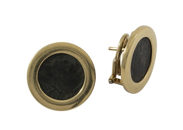 Pair of Ancient coin yellow gold earrings: Pair of Ancient coin and 18k yellow gold earrings are set with (2) ancient coins set in post and clip mountings, stamped Chimento, 11.9 grams, diameter 19.6 mm