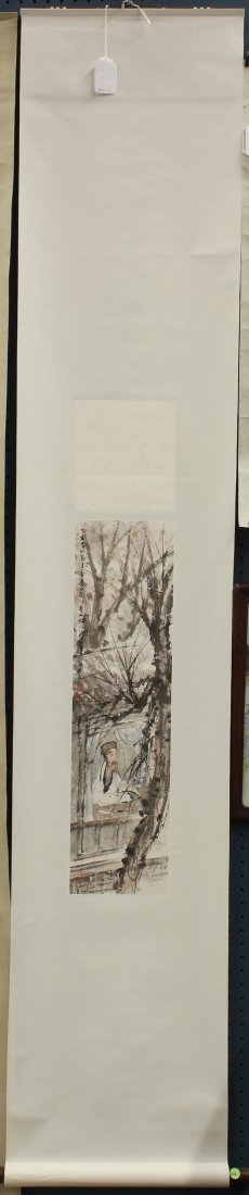 Chinese Painting, after Fu Baoshi, Scholar: After Fu Baoshi (Chinese, 1904-1965), Scholar Looking Out of a Window, ink and color on paper, the left with a colophon, bearing a signature and three seals, painting: 27"h x 7"w, overall (scroll): 84