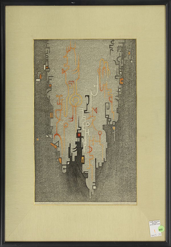 Japanese Woodblock Print, Yoshida Toshi, Abstract: Yoshida Toshi (Japanese, 1911-1995), 'Abstract Landscape A', woodblock print, lower margin with the signature, title, dated 1957, sight: 18.25"h x 11.75"w, overall (frame): 27.25"h x 19.75"w