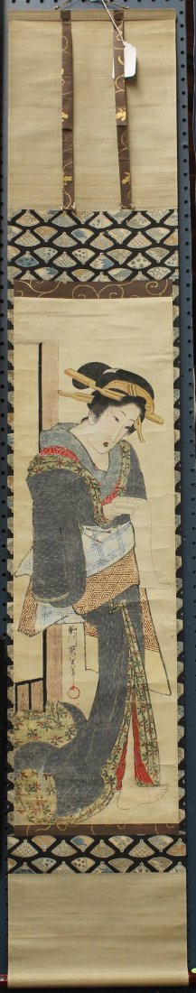 Japanese Scroll Ukiyo-e, Kikukawa Eiri: Kikukawa Eiri (Japanese, 19th century), Courtesan Reading a Letter, ink and color on paper, lower center with the signature and seal, with a kiri box, painting: 35.5"h x 11.12"w, overall (scroll): 87.