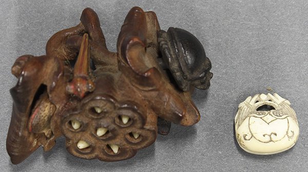 Japanese Wood Netsuke/Ivory Toggle: (lot of 2) Japanese wood and bone netsuke: two frogs and two beetles perched on the lotus with movable lotus pods; a mokugyo (temple block) shaped ivory toggle, netsuke: 1.75"l; Provenance: Unaccessio