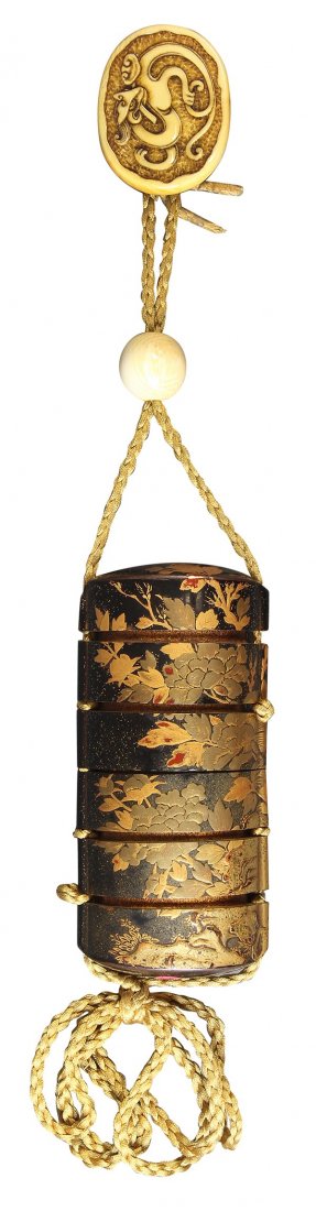 Japanese Lacquered Five Tiered Inro: Japanese five tiered inro, Edo/Meiji period, black lacquered with takamakie, interior with reddish brown nashiji, silk string with two ivory netsuke, 4.75"l