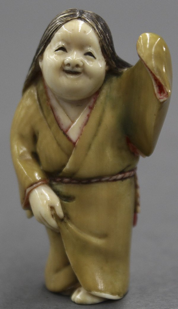 Japanese Ivory Netsuke of Dancing Uzume: Japanese ivory netsuke, Uzume (Okame) dancing, signature 'Sanraku', 2"h