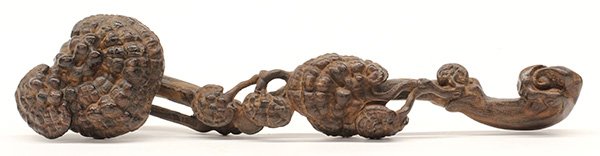 Chinese Ruyi Scepter, Possibly Aloeswood: Chinese wooden ruyi scepter, possibly aloeswood (chenxiangmu), the gnarled branch further accented with smaller sprigs of lingzhi 15"w