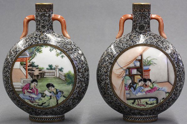 Two Chinese Porcelain Moon Flasks: Pair of Chinese small porcelain moon flasks, the mirrored reserves of two beauties reading indoors and in a garden, in contrast with a gilt and black floral ground, the base with an apocryphal Qianlon