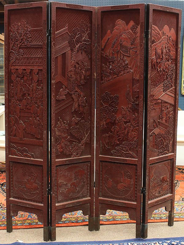 Chinese Cinnabar Lacquer Screen: Chinese four panel cinnabar lacquer screen, the front featuring two scenes of officials and scholars in pavilions, and two of warriors and generals, the lower section with animals in reserve, the reve