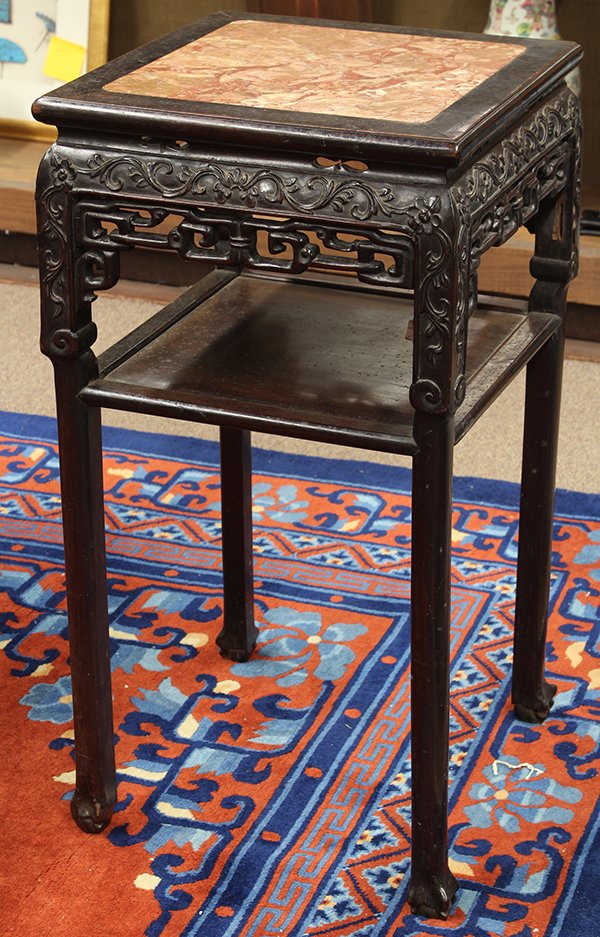 Chinese Square Marble and Wood Stand: Chinese marble inset wood stand, with a rectangular mottle marble plaque within a wood frame, the shoulder carved with floral tendrils and the apron pierced with scrolls above the second tier, raised 