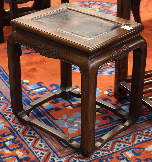 Chinese Rectangular Low Stand: Chinese wooden rectangular stand, with a floating top panel, the bead apron carved with scrolls, raised on straight supports with hoof terminals, joined to humpback stretchers, 20.75" x 19.5" x 16"; P