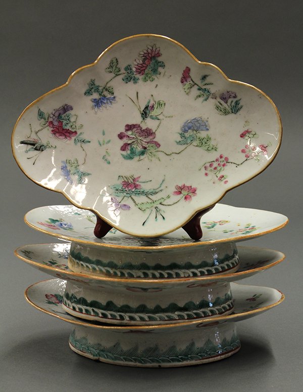 Four Chinese Porcelain Footed Dishes: (lot of 4) Chinese enameled porcelain footed dishes, with a lobed top decorated with insects and flowers of the four seasons, the exterior painted with bats alternating with peaches and the foot with 