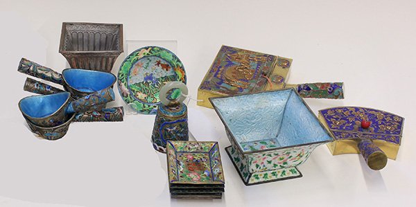 Group of Chinese Enameled Items: (lot of 15) Chinese enameled metal decorative items: two square bowls, one with bright flowers on a white ground; five irons including two with hinged lids; one bell with flowers; a circular dish with